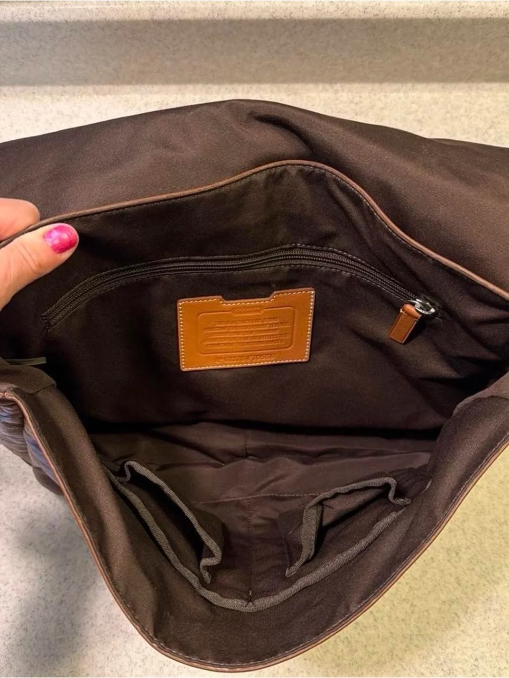 COACH Cognac Leather Messenger Bag with Navy-Striped Strap